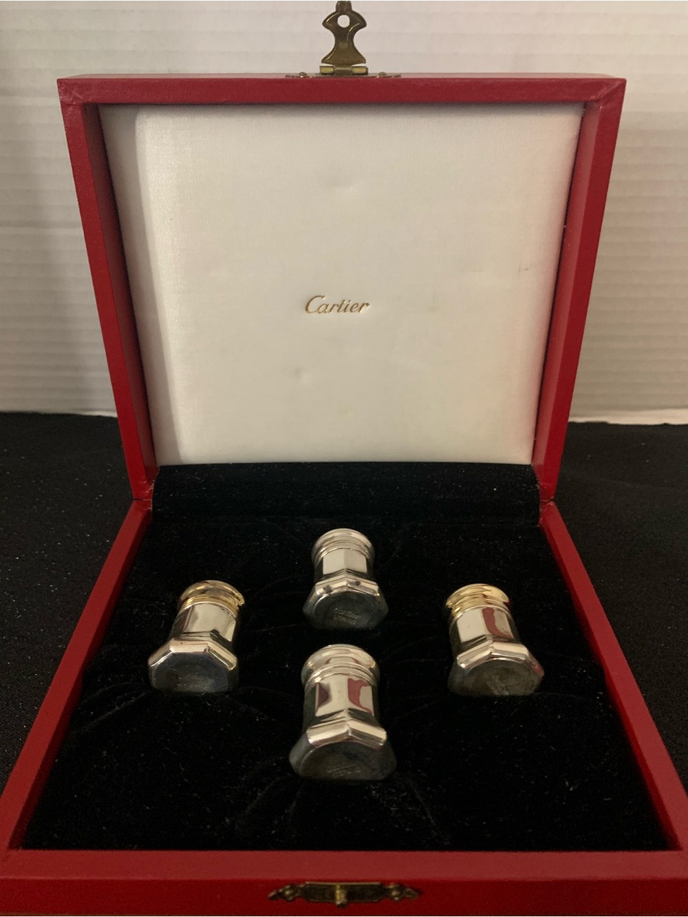 Vintage Cartier Red Box with Sterling Silver and Gold Tone Salt Cellars